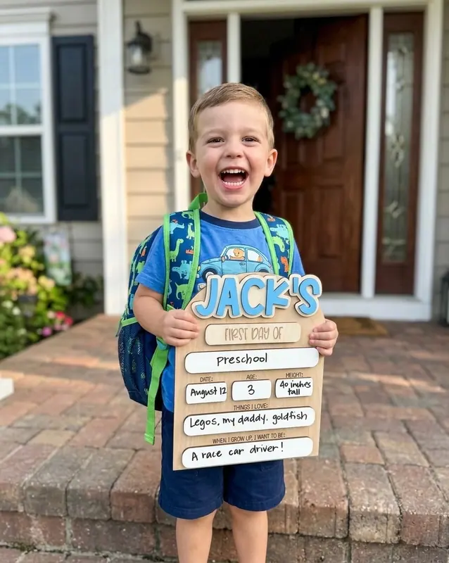 First day of school sign engraved in the Jack font, all uppercase