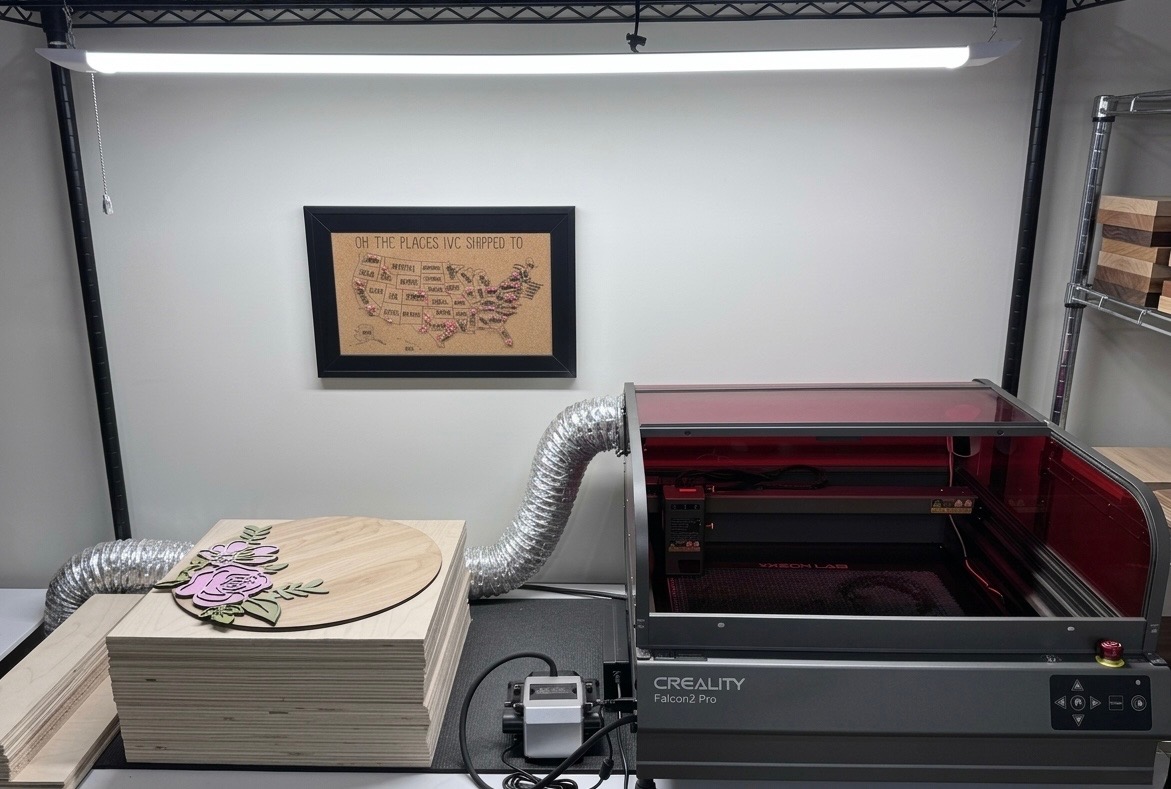 Laura's home workshop studio in Belton, Texas where Branch and Blooms Co. handmade wooden gifts are crafted